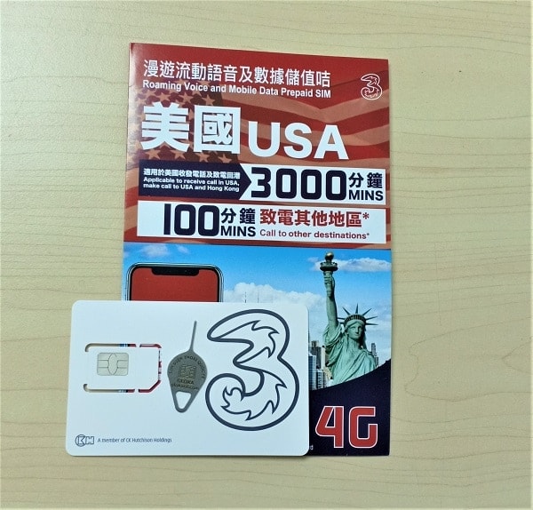 Sim 4G du lịch Mỹ three hongkong 8GB 3000 phút