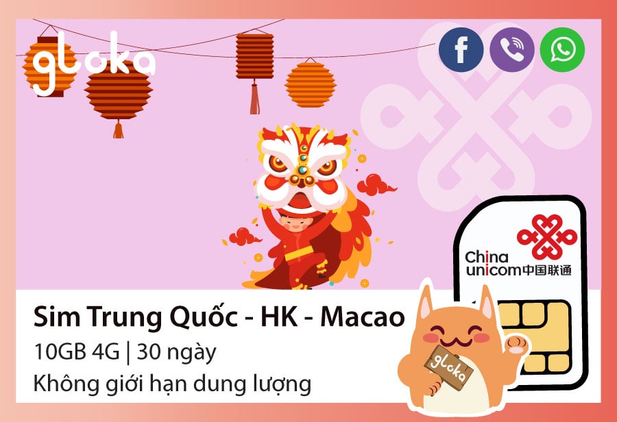 Sim điện thoại Trung Quốc Hongkong Macao 30 ngày China Unicom Gloka